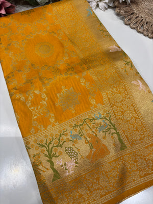 Yellow Designer Woven Saree with Rich Zari Border & Peacock Floral Pallu