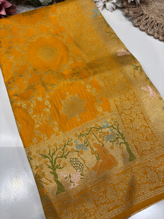 Yellow Designer Woven Saree with Rich Zari Border & Peacock Floral Pallu
