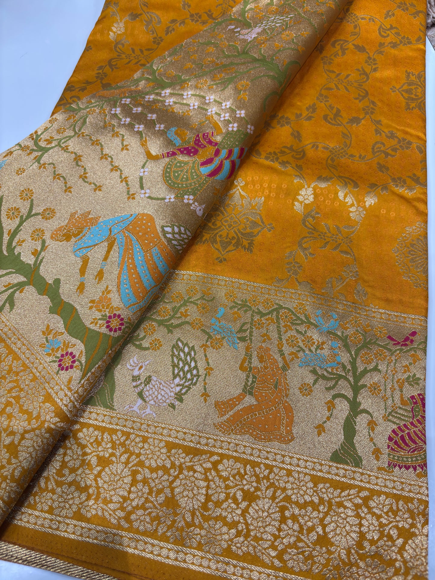 Yellow Designer Woven Saree with Rich Zari Border & Peacock Floral Pallu