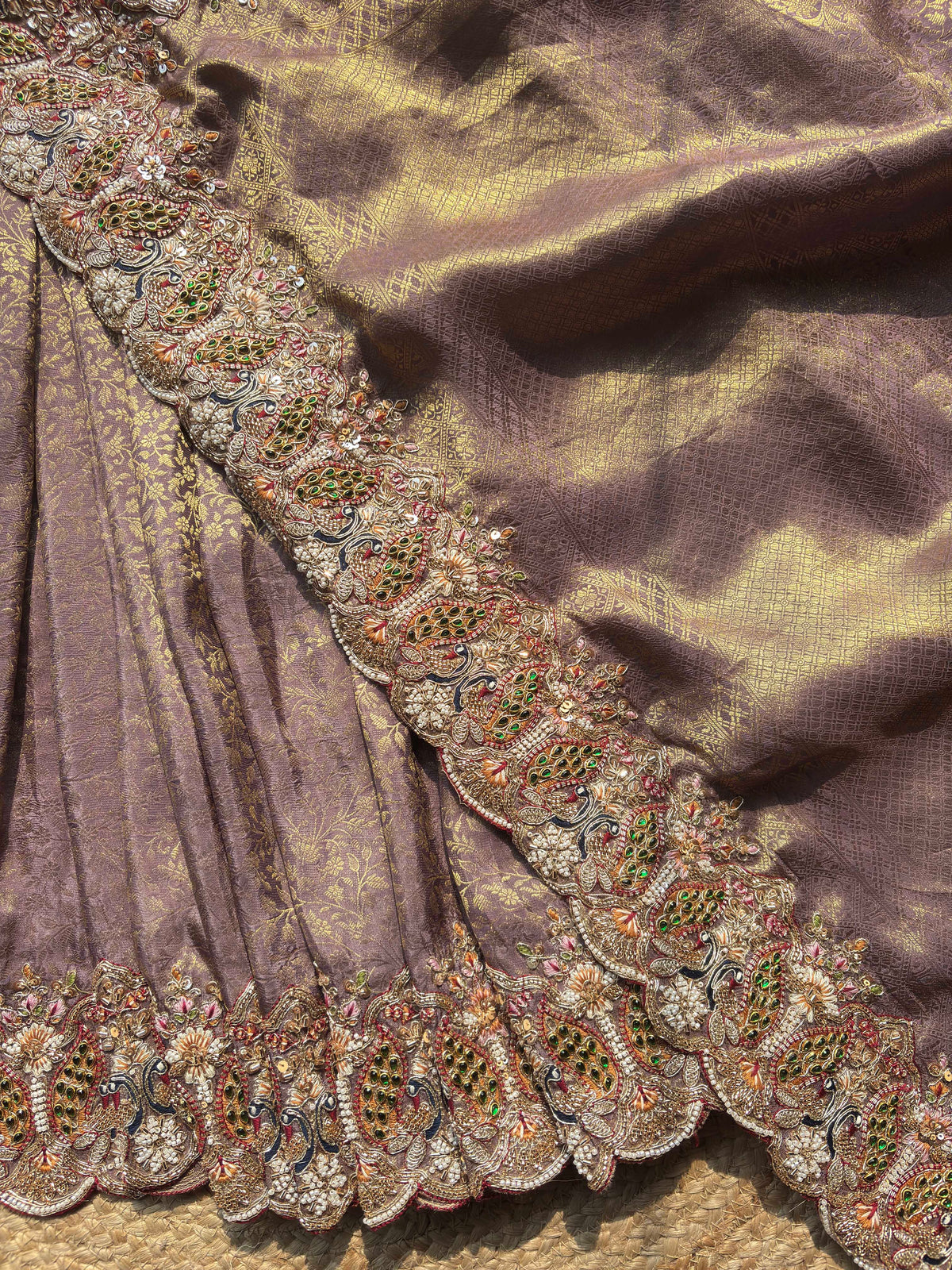 Mauve Gold Woven Saree with Peacock Embroidered Border