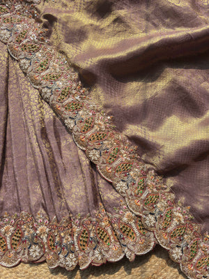 Mauve Gold Woven Saree with Peacock Embroidered Border