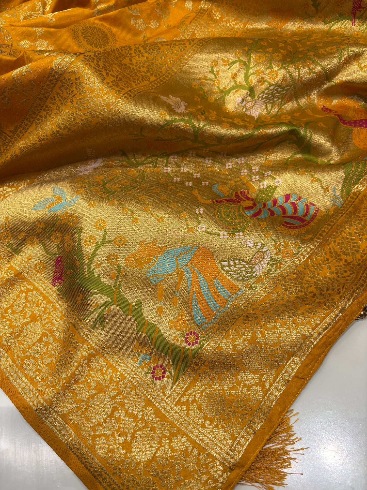 Yellow Designer Woven Saree with Rich Zari Border & Peacock Floral Pallu