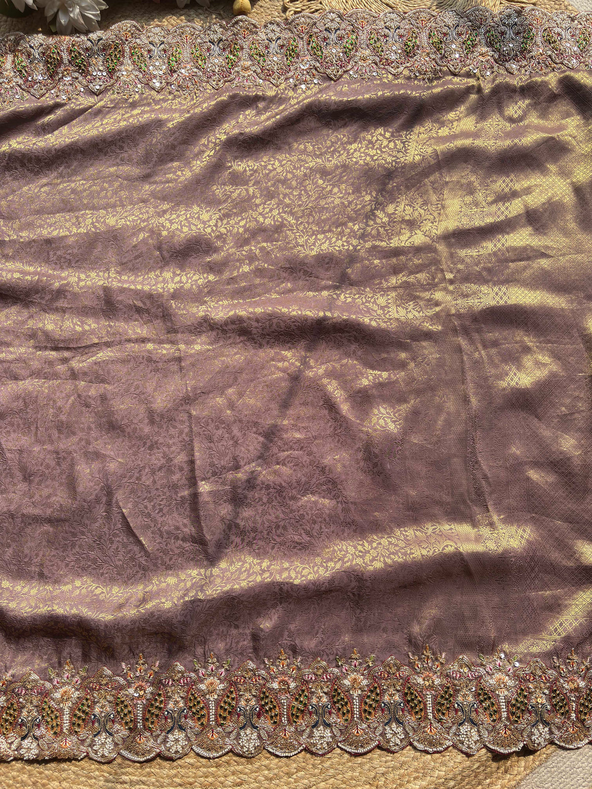 Mauve Gold Woven Saree with Peacock Embroidered Border