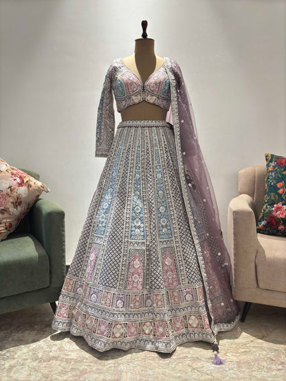 The Powder-Purple Colour Lehanga with Sequnis and Zari Work