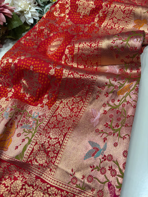 Red Designer Woven Saree with Rich Zari Border & Peacock Floral Pallu