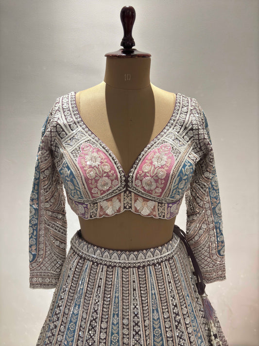 The Powder-Purple Colour Lehanga with Sequnis and Zari Work