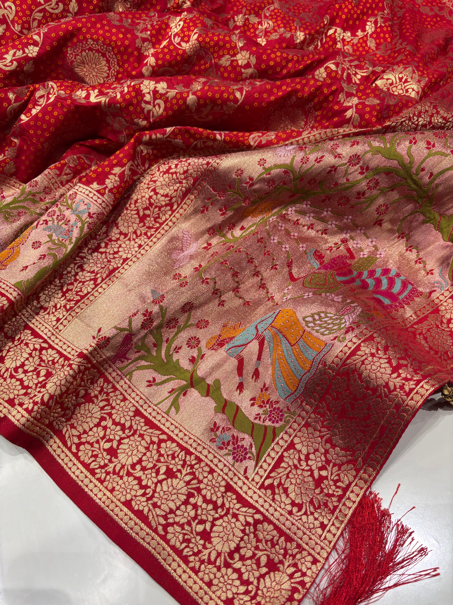 Red Designer Woven Saree with Rich Zari Border & Peacock Floral Pallu