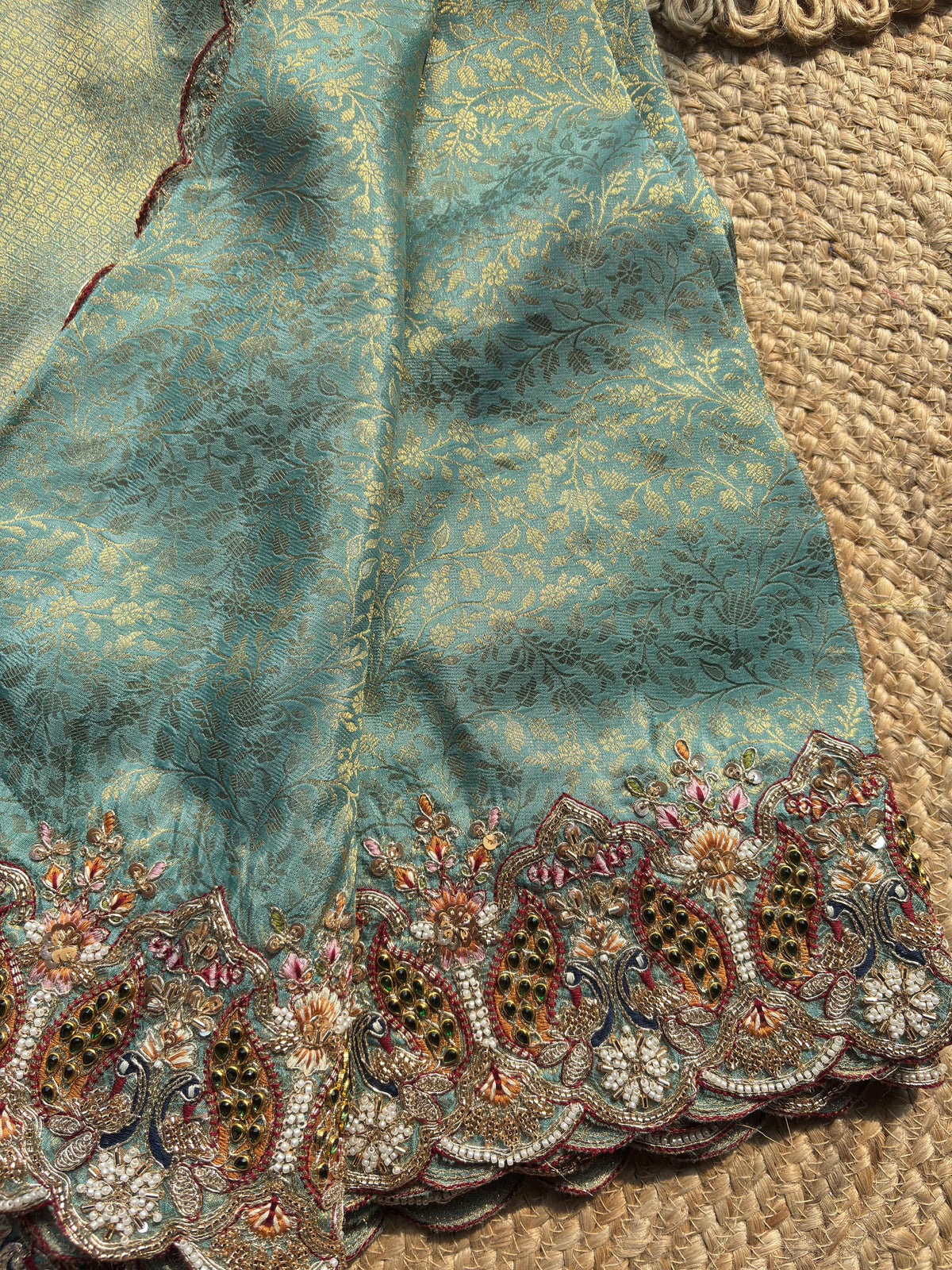 Sea Green Gold Woven Saree with Peacock Embroidered Border