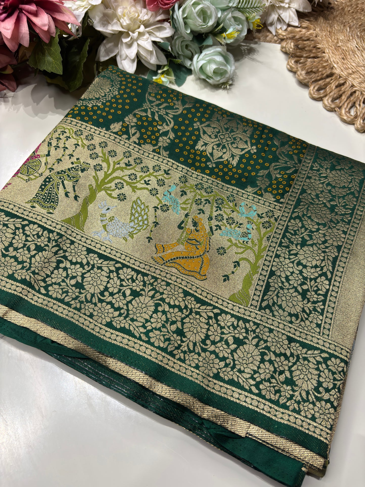 Green Designer Woven Saree with Rich Zari Border & Peacock Floral Pallu