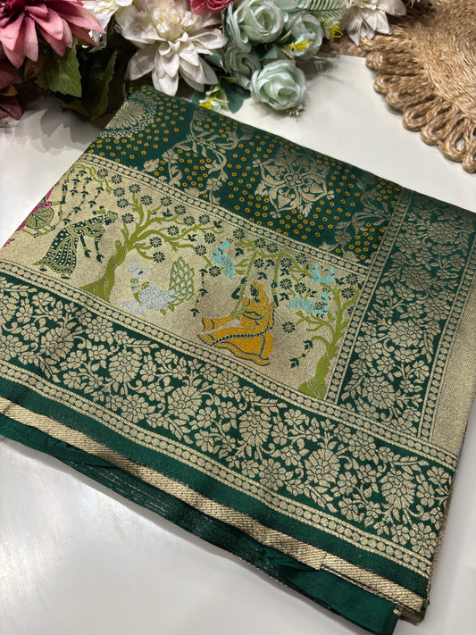 Green Designer Woven Saree with Rich Zari Border & Peacock Floral Pallu