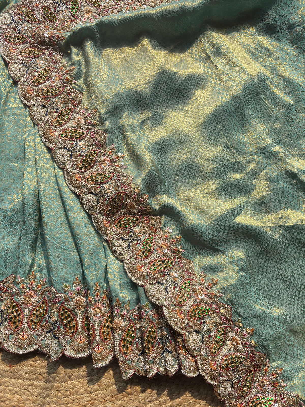 Sea Green Gold Woven Saree with Peacock Embroidered Border
