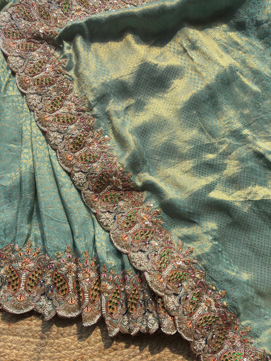 Sea Green Gold Woven Saree with Peacock Embroidered Border