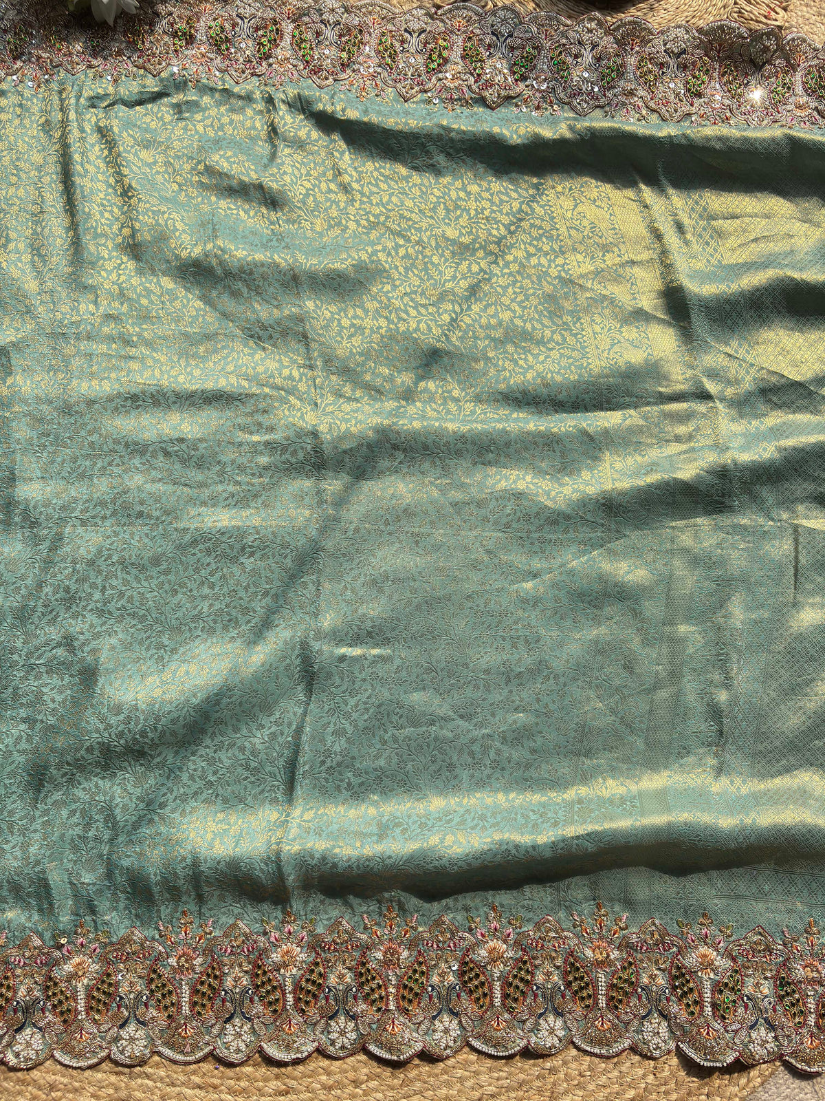 Sea Green Gold Woven Saree with Peacock Embroidered Border