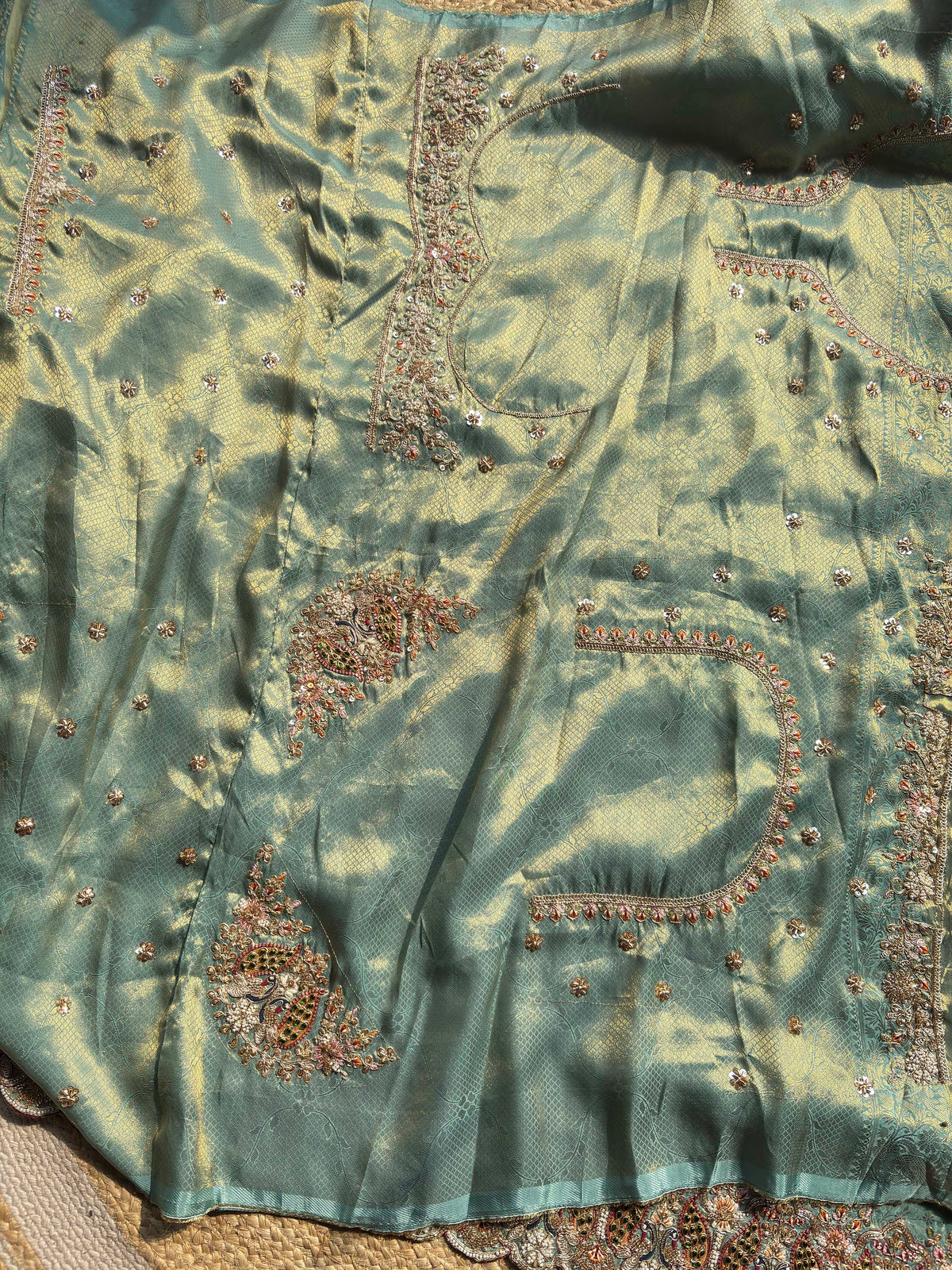 Sea Green Gold Woven Saree with Peacock Embroidered Border