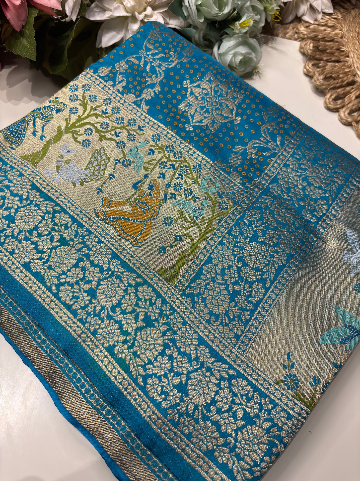 Turquoise Designer Woven Saree with Rich Zari Border & Peacock Floral Pallu