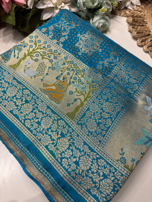 Turquoise Designer Woven Saree with Rich Zari Border & Peacock Floral Pallu