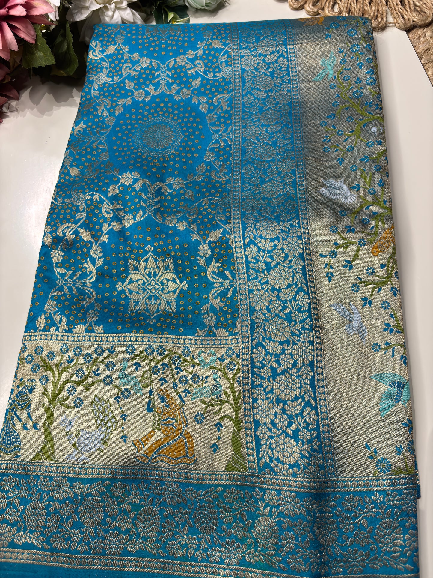 Turquoise Designer Woven Saree with Rich Zari Border & Peacock Floral Pallu