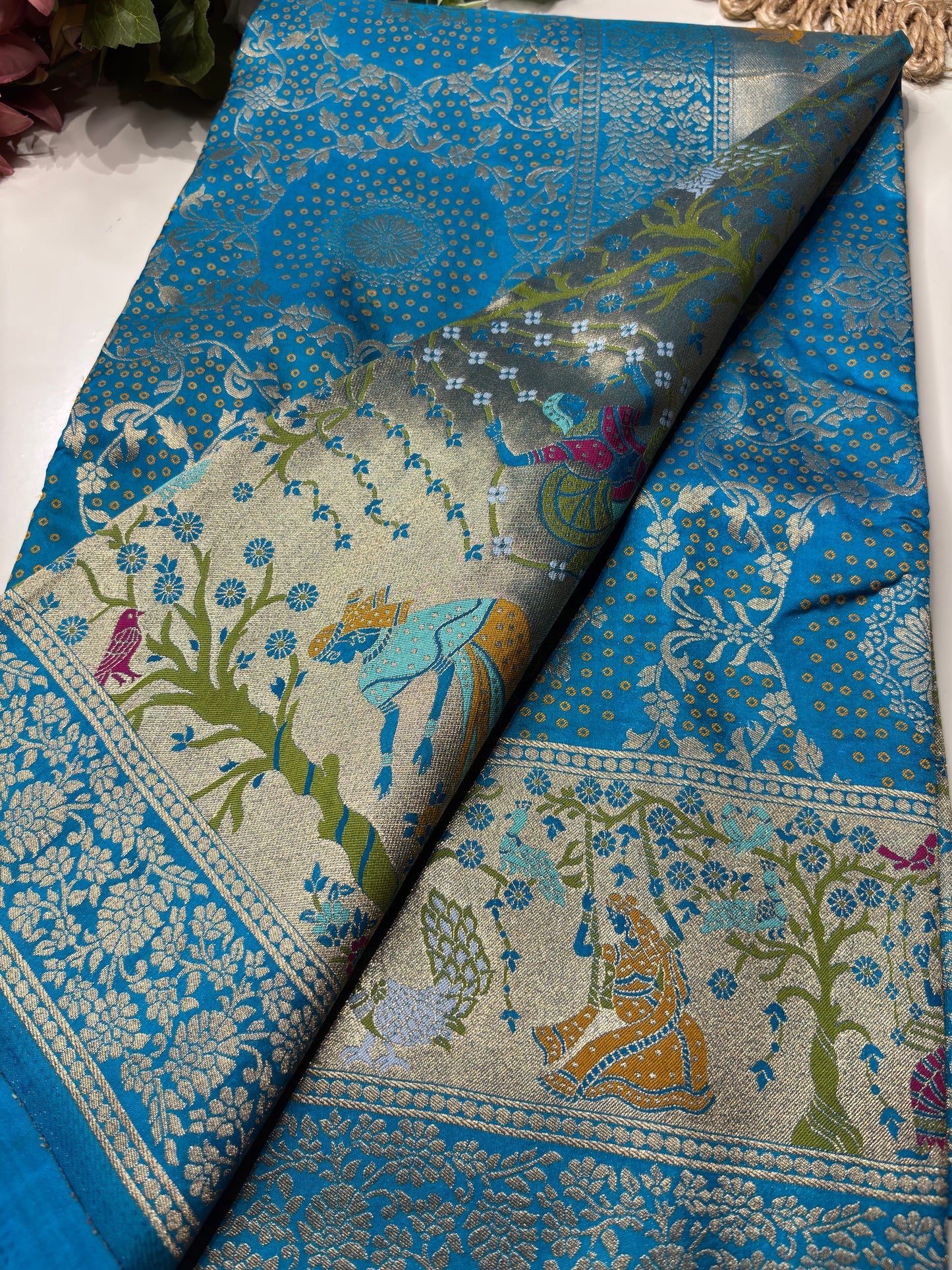 Turquoise Designer Woven Saree with Rich Zari Border & Peacock Floral Pallu