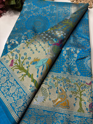Turquoise Designer Woven Saree with Rich Zari Border & Peacock Floral Pallu