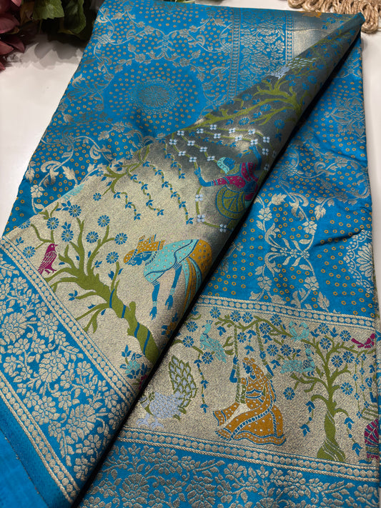 Turquoise Designer Woven Saree with Rich Zari Border & Peacock Floral Pallu