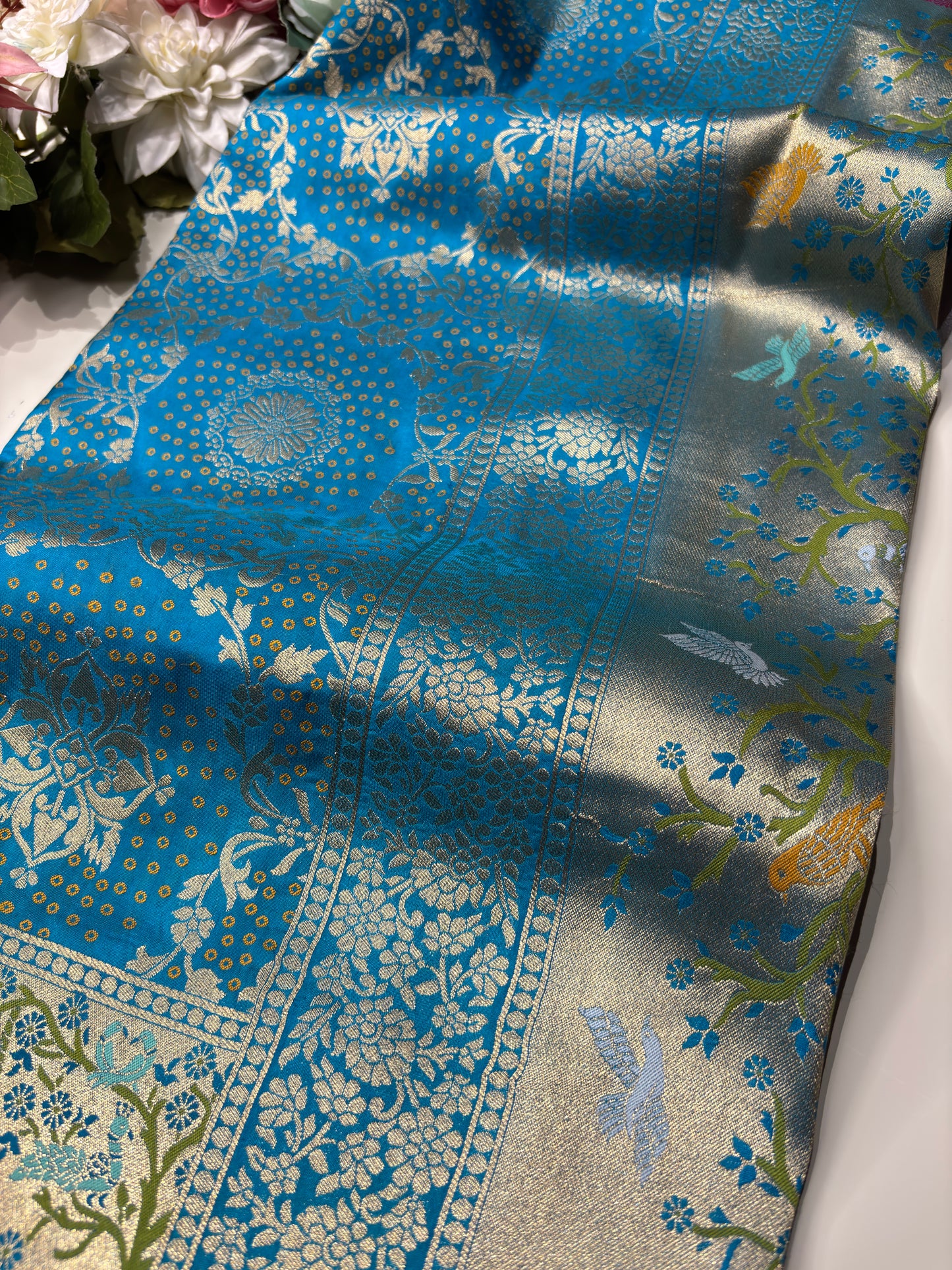 Turquoise Designer Woven Saree with Rich Zari Border & Peacock Floral Pallu