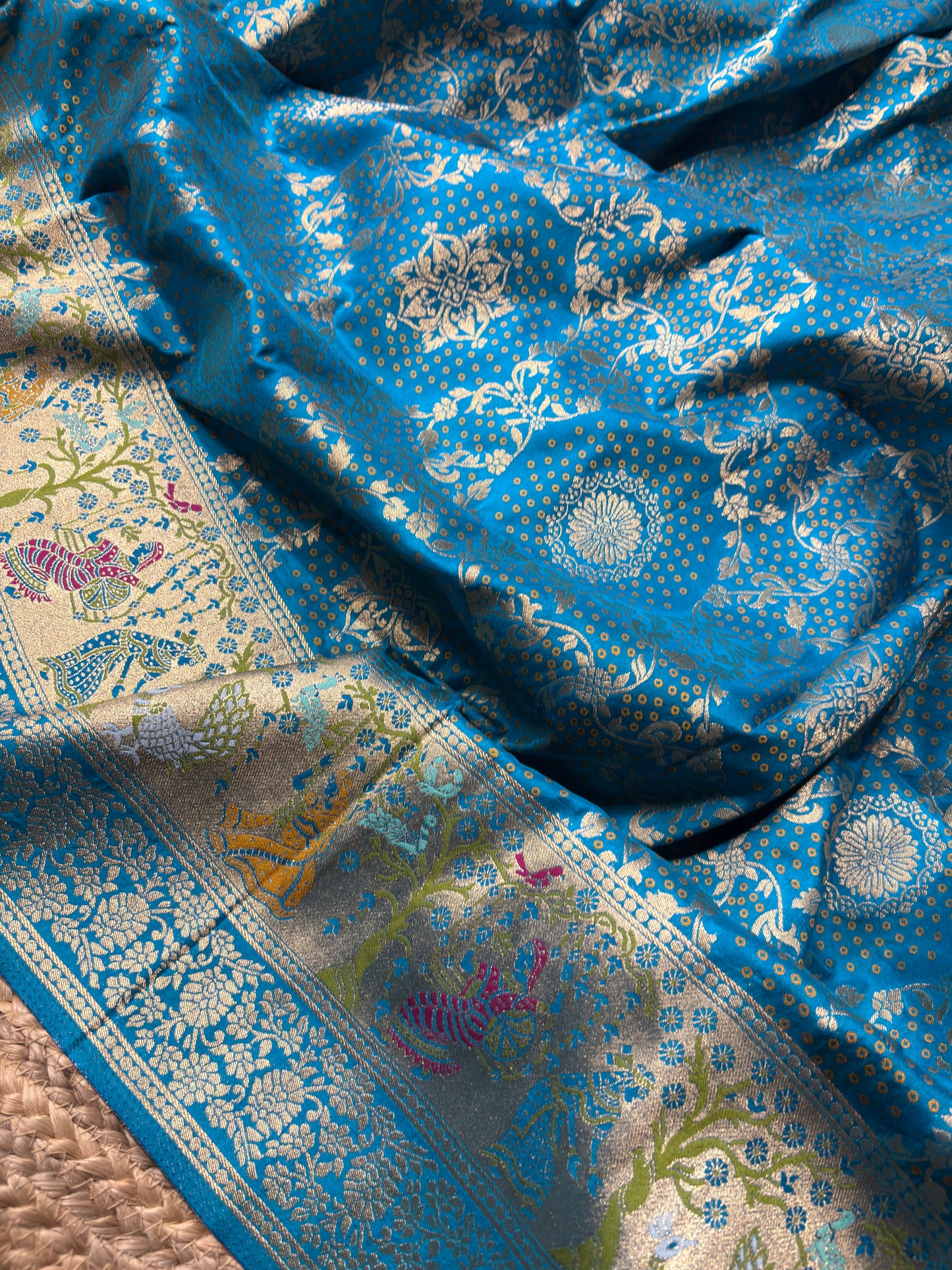Turquoise Designer Woven Saree with Rich Zari Border & Peacock Floral Pallu
