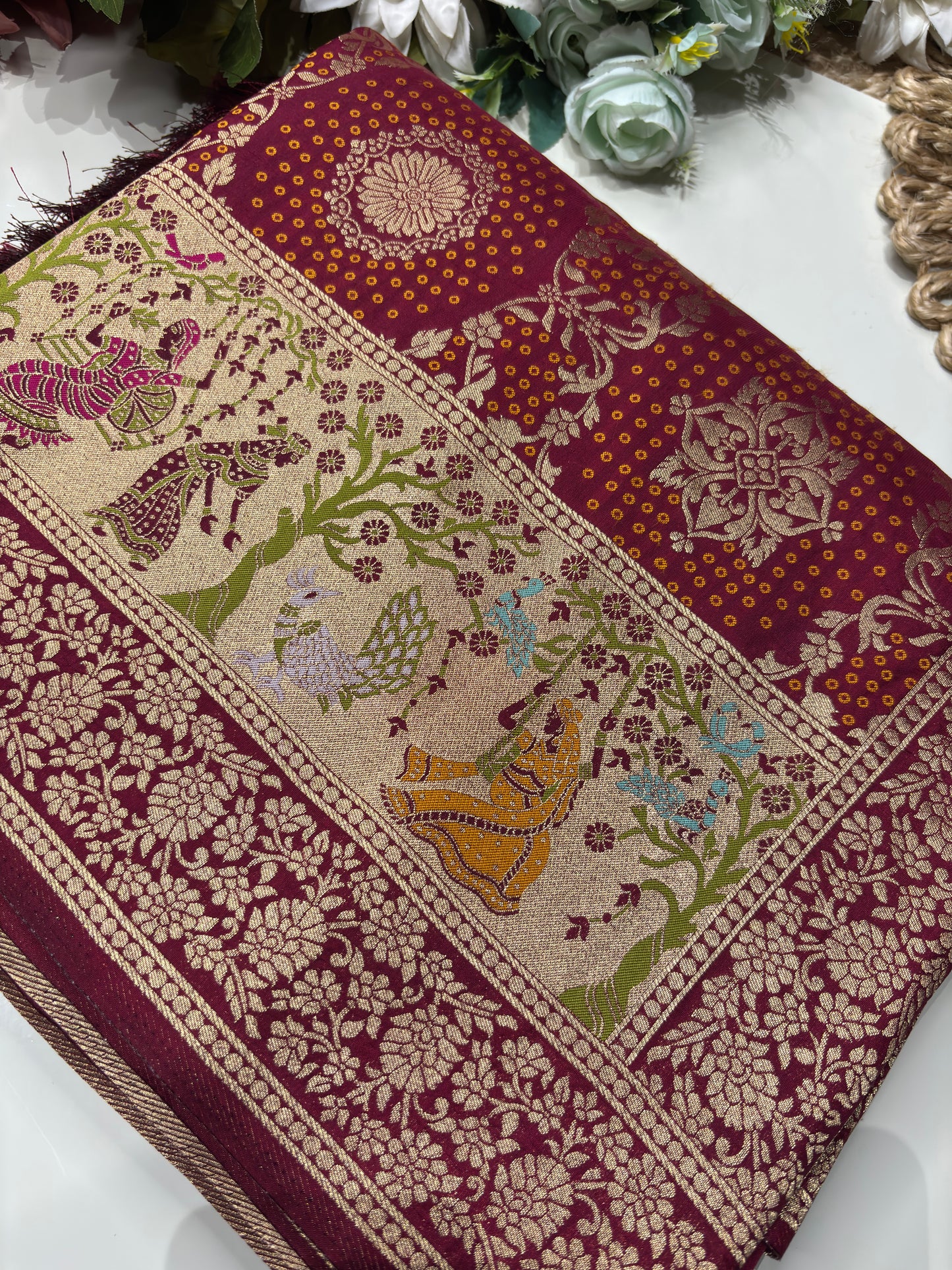 Maroon Designer Woven Saree with Rich Zari Border & Peacock Floral Pallu