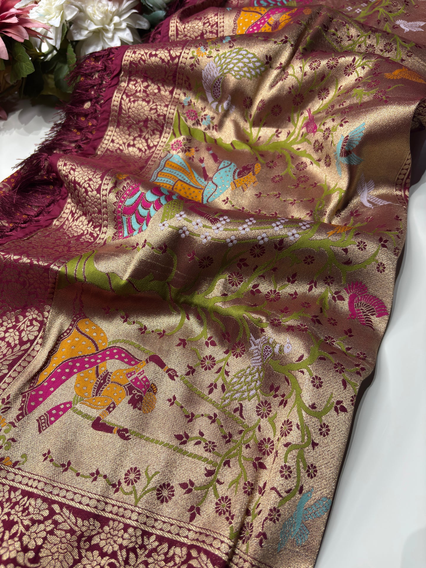 Maroon Designer Woven Saree with Rich Zari Border & Peacock Floral Pallu