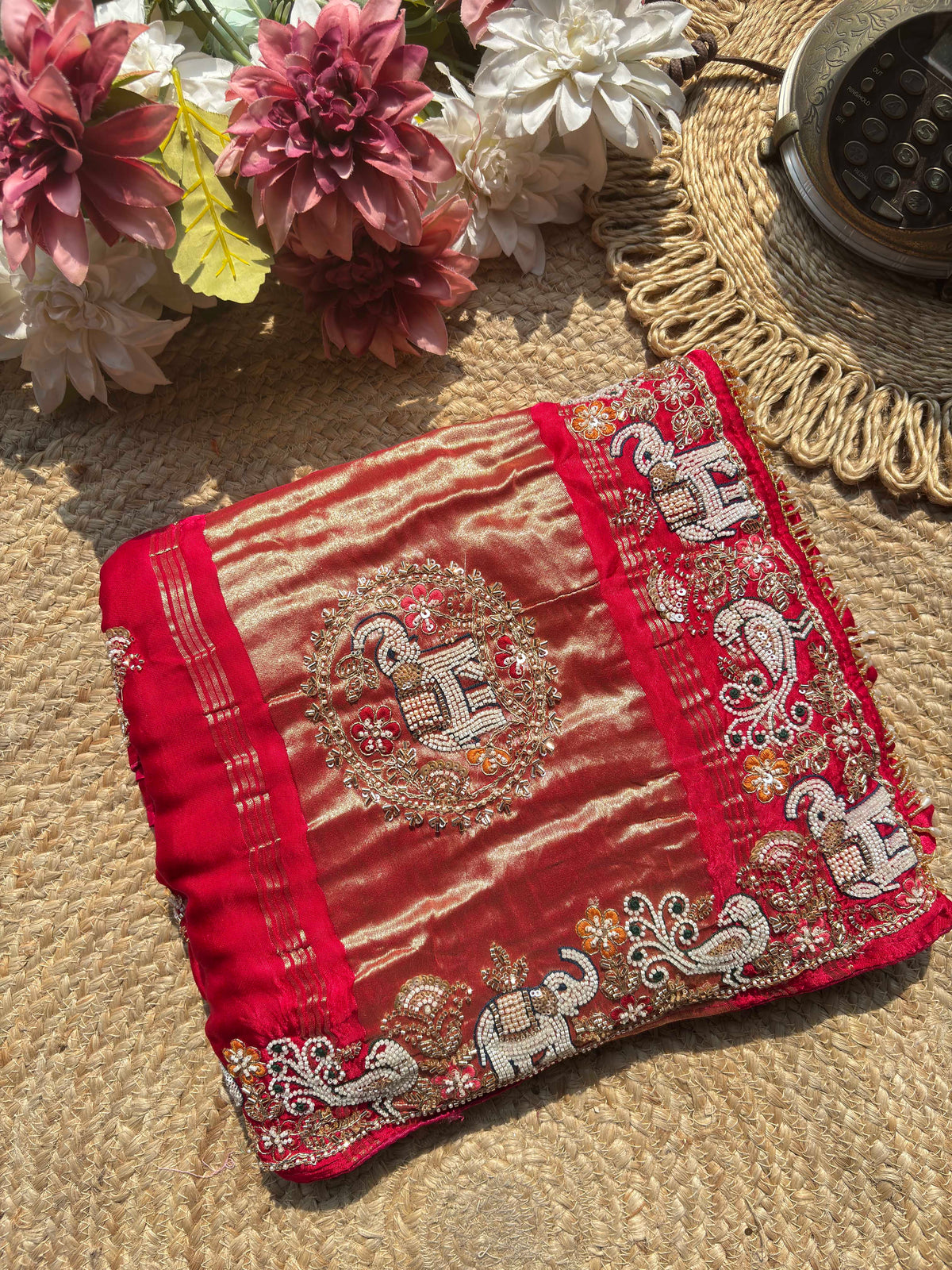 Royal Red & Gold Elephant Embroidered Designer Saree