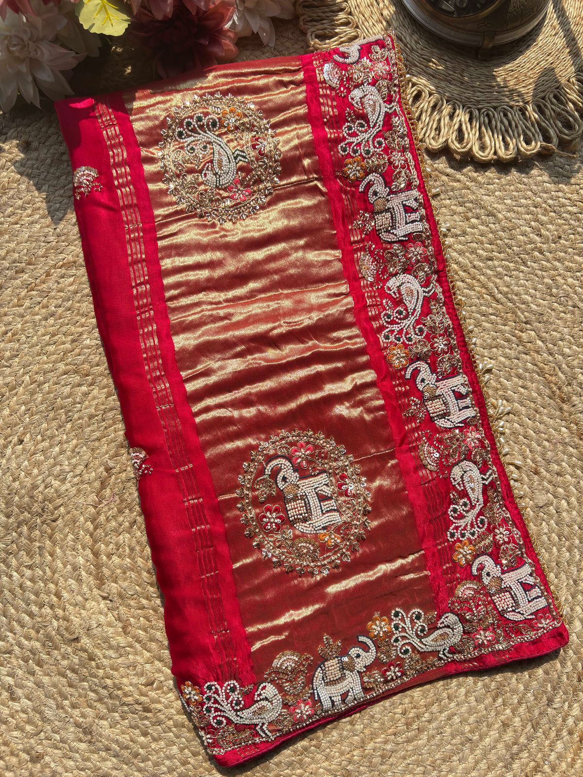 Royal Red & Gold Elephant Embroidered Designer Saree