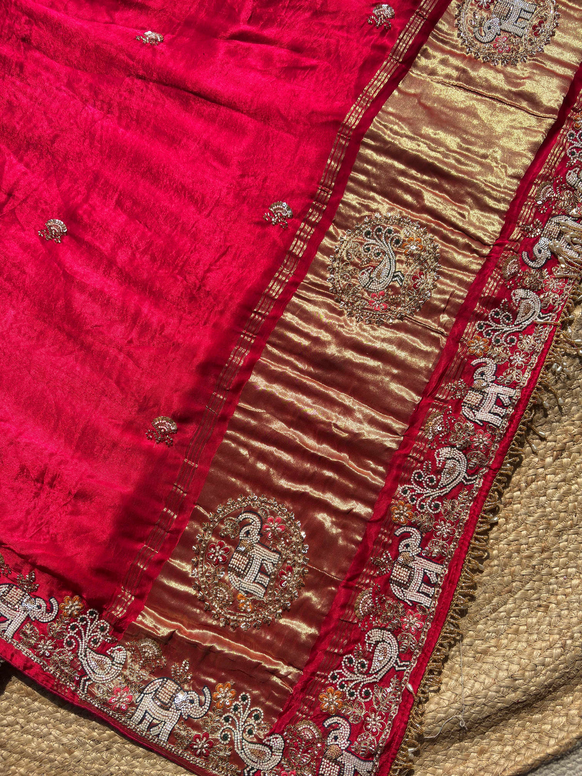 Royal Red & Gold Elephant Embroidered Designer Saree