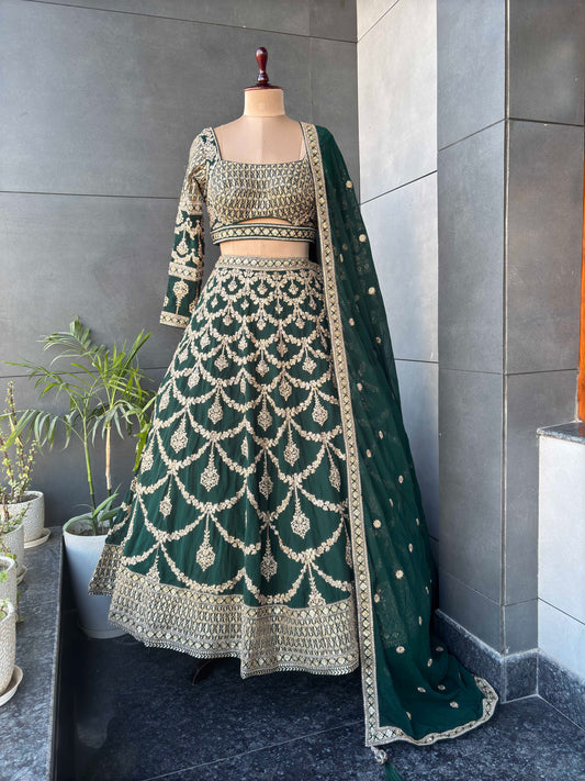 Bottle Green Pure Georgette Zari Work Lehanga
