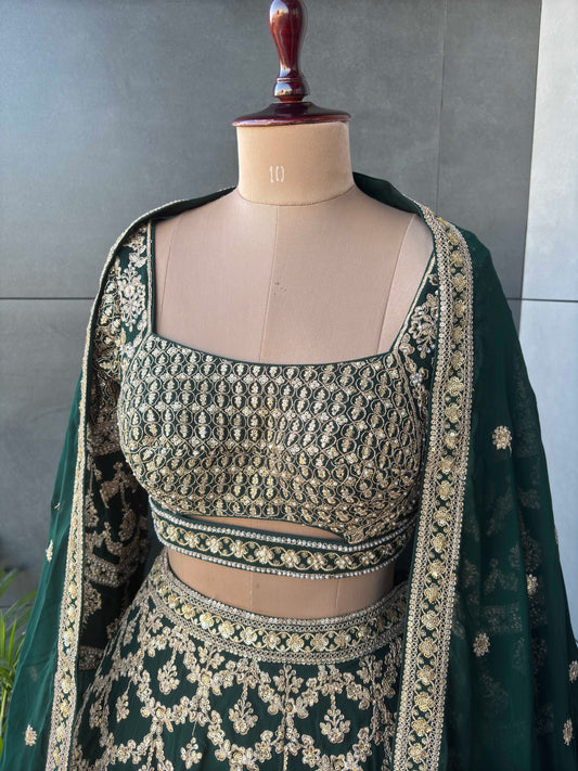Bottle Green Pure Georgette Zari Work Lehanga