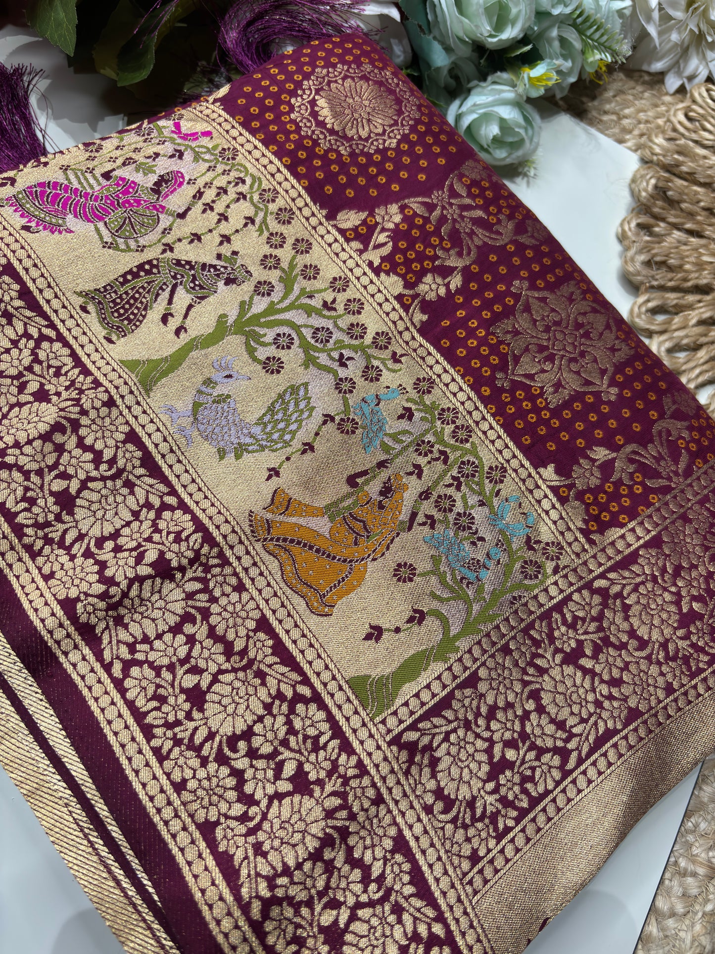 Wine Designer Woven Saree with Rich Zari Border & Peacock Floral Pallu