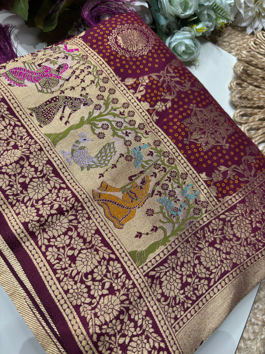 Wine Designer Woven Saree with Rich Zari Border & Peacock Floral Pallu