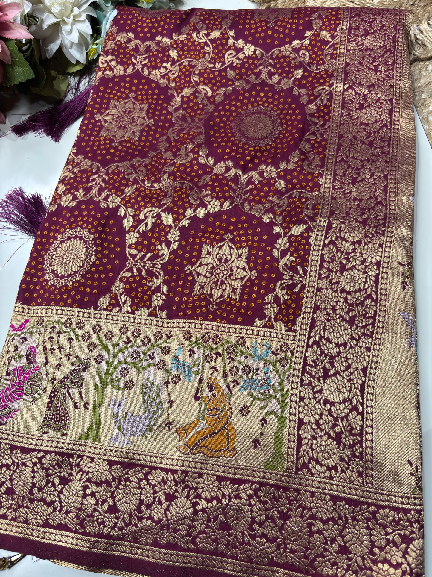 Wine Designer Woven Saree with Rich Zari Border & Peacock Floral Pallu