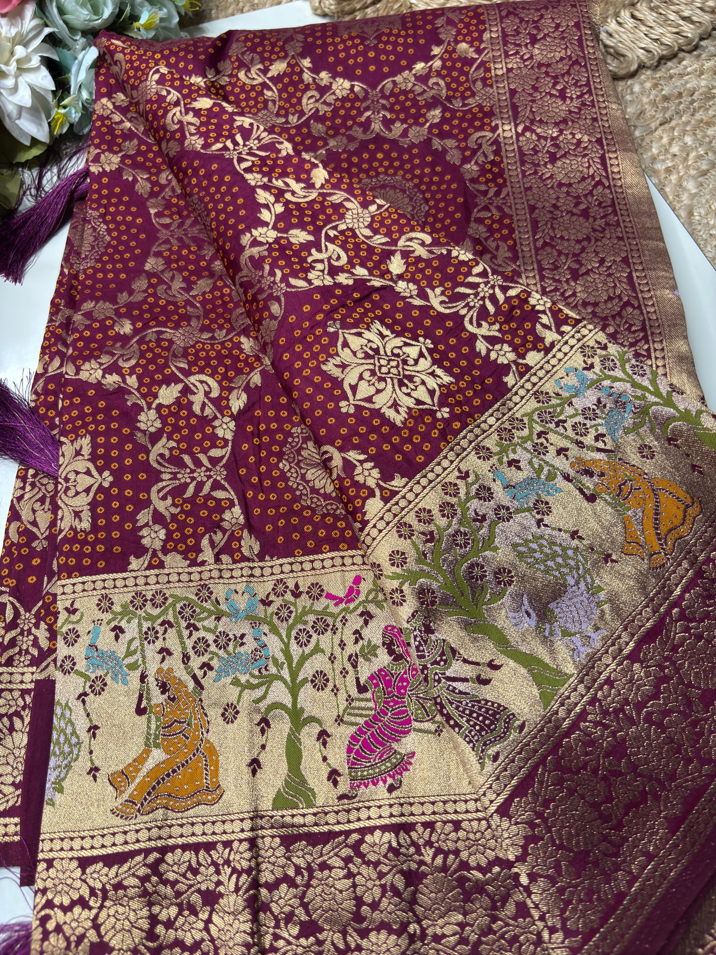 Wine Designer Woven Saree with Rich Zari Border & Peacock Floral Pallu