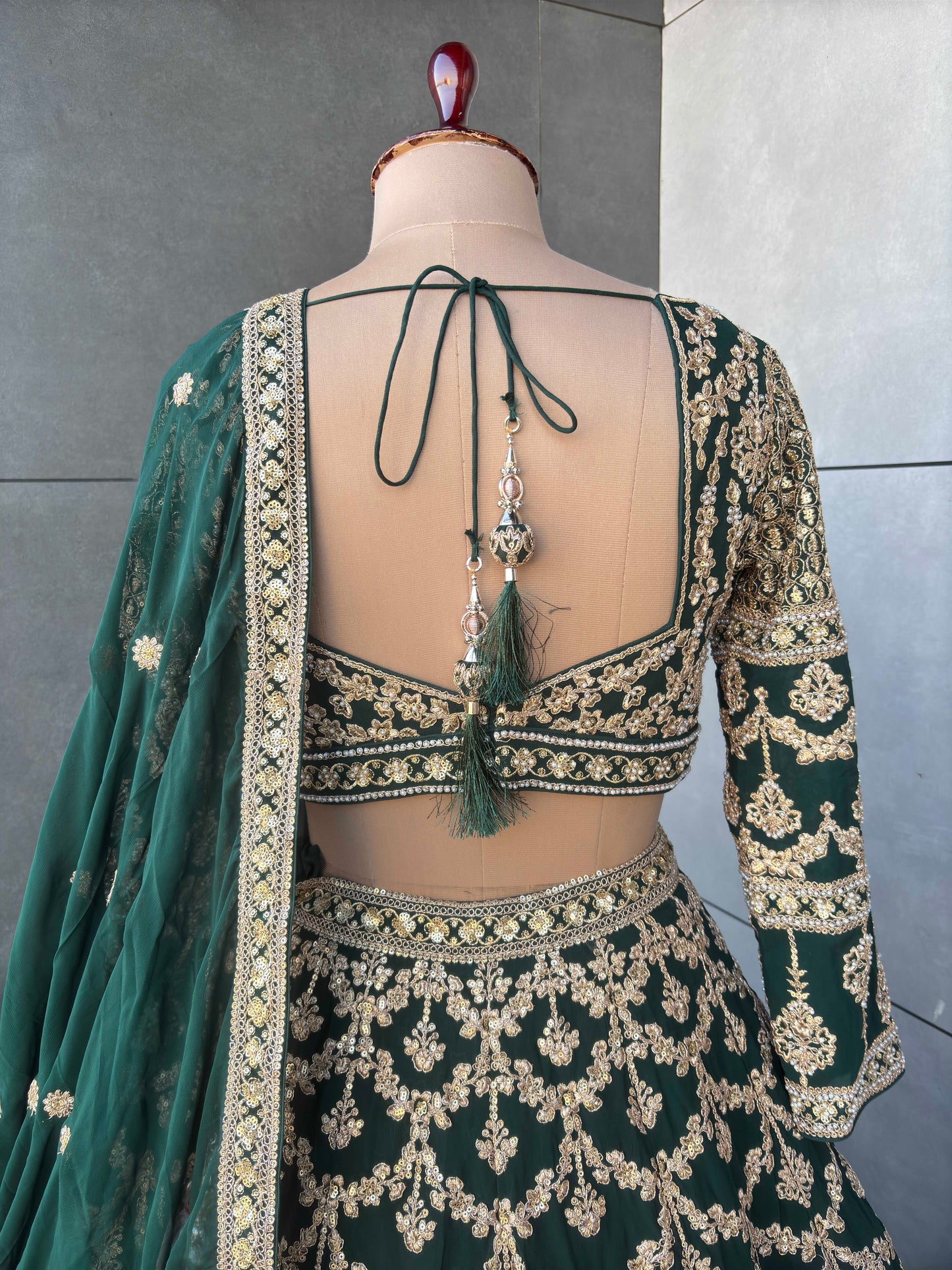 Bottle Green Pure Georgette Zari Work Lehanga