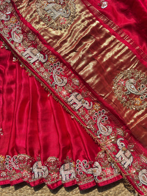 Royal Red & Gold Elephant Embroidered Designer Saree