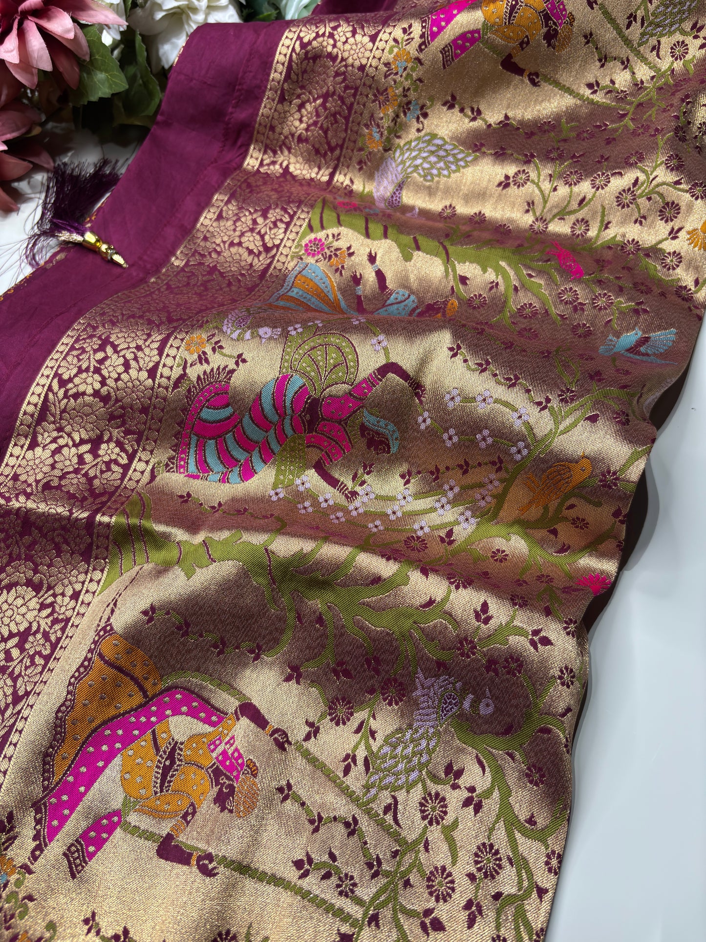 Wine Designer Woven Saree with Rich Zari Border & Peacock Floral Pallu