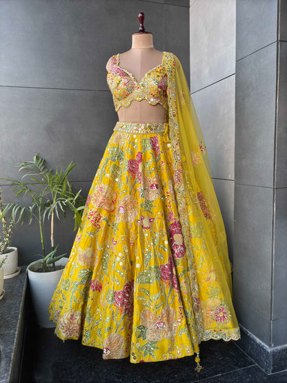 Yellow Hand Work Highlight Designer Lehanga