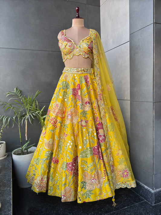Yellow Hand Work Highlight Designer Lehanga