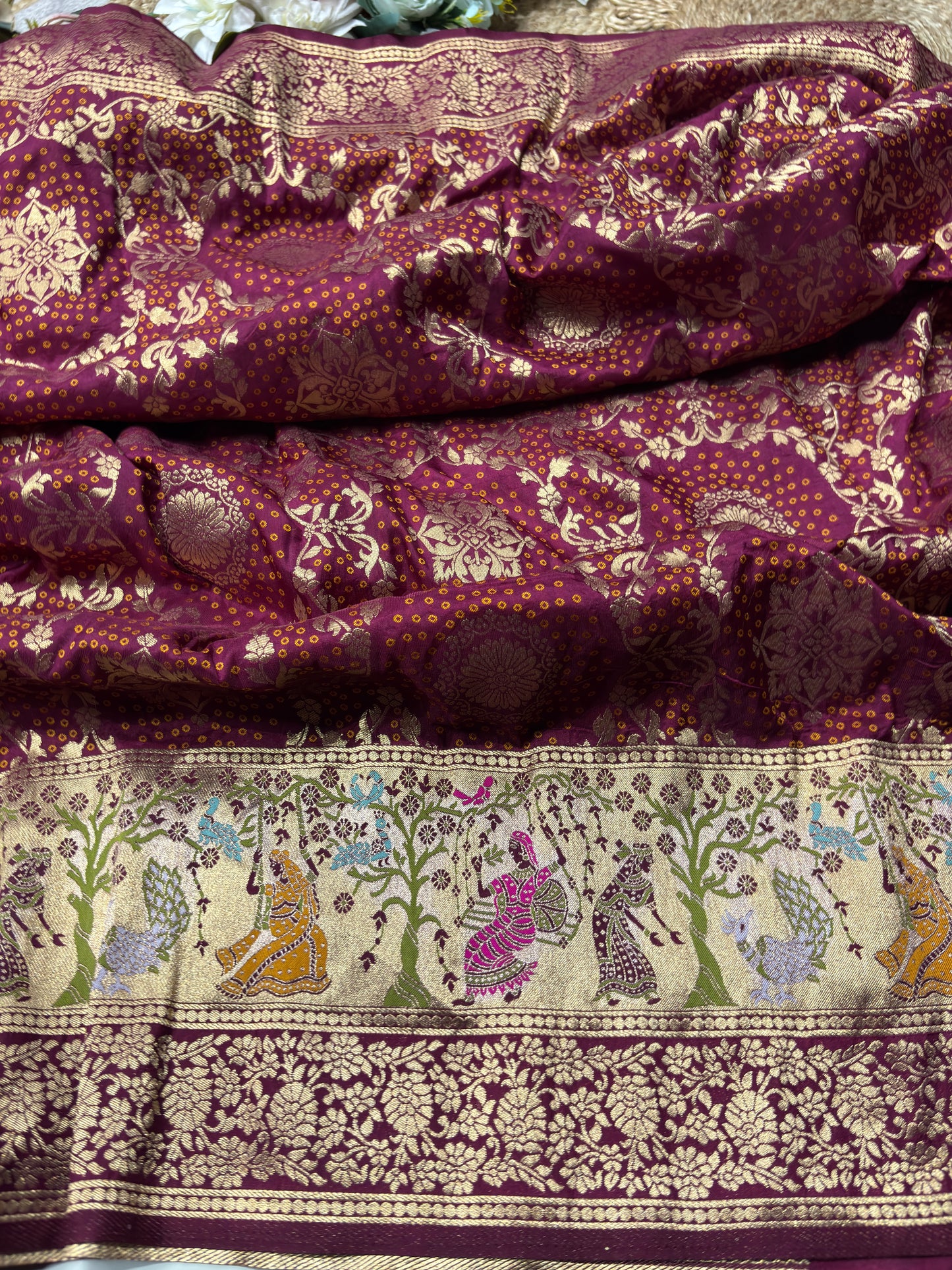 Wine Designer Woven Saree with Rich Zari Border & Peacock Floral Pallu