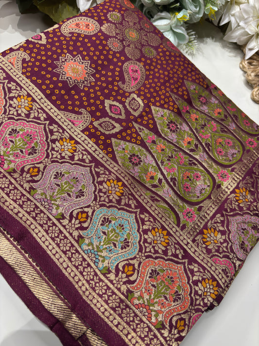 Wine Designer Woven Saree with Floral Paisley Motifs & Rich Border
