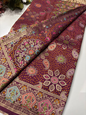 Wine Designer Woven Saree with Floral Paisley Motifs & Rich Border