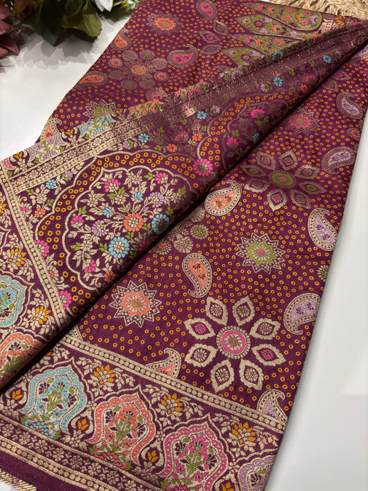 Wine Designer Woven Saree with Floral Paisley Motifs & Rich Border