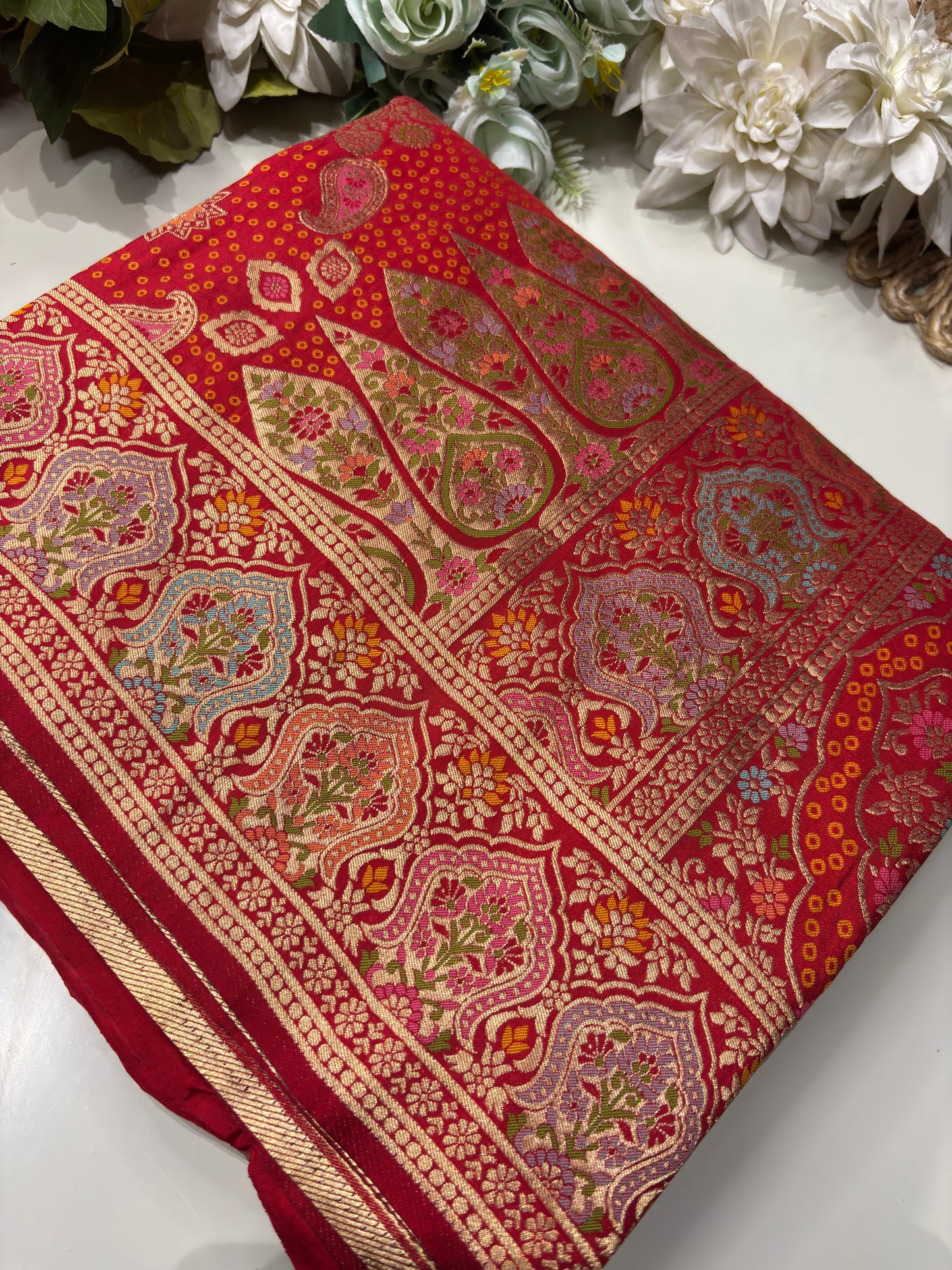 Red Designer Woven Saree with Floral Paisley Motifs & Rich Border