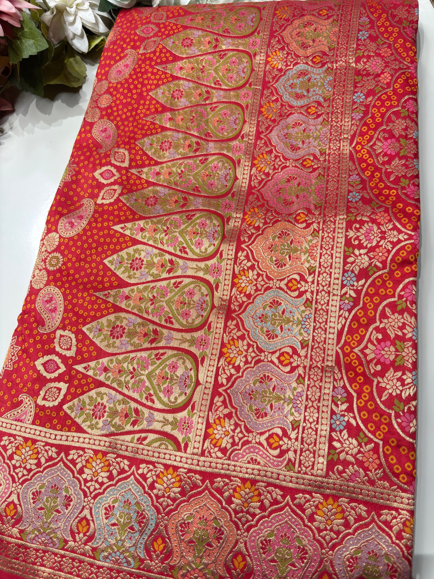 Red Designer Woven Saree with Floral Paisley Motifs & Rich Border