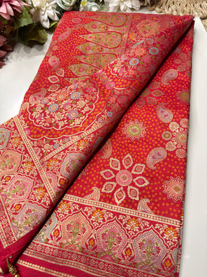 Red Designer Woven Saree with Floral Paisley Motifs & Rich Border