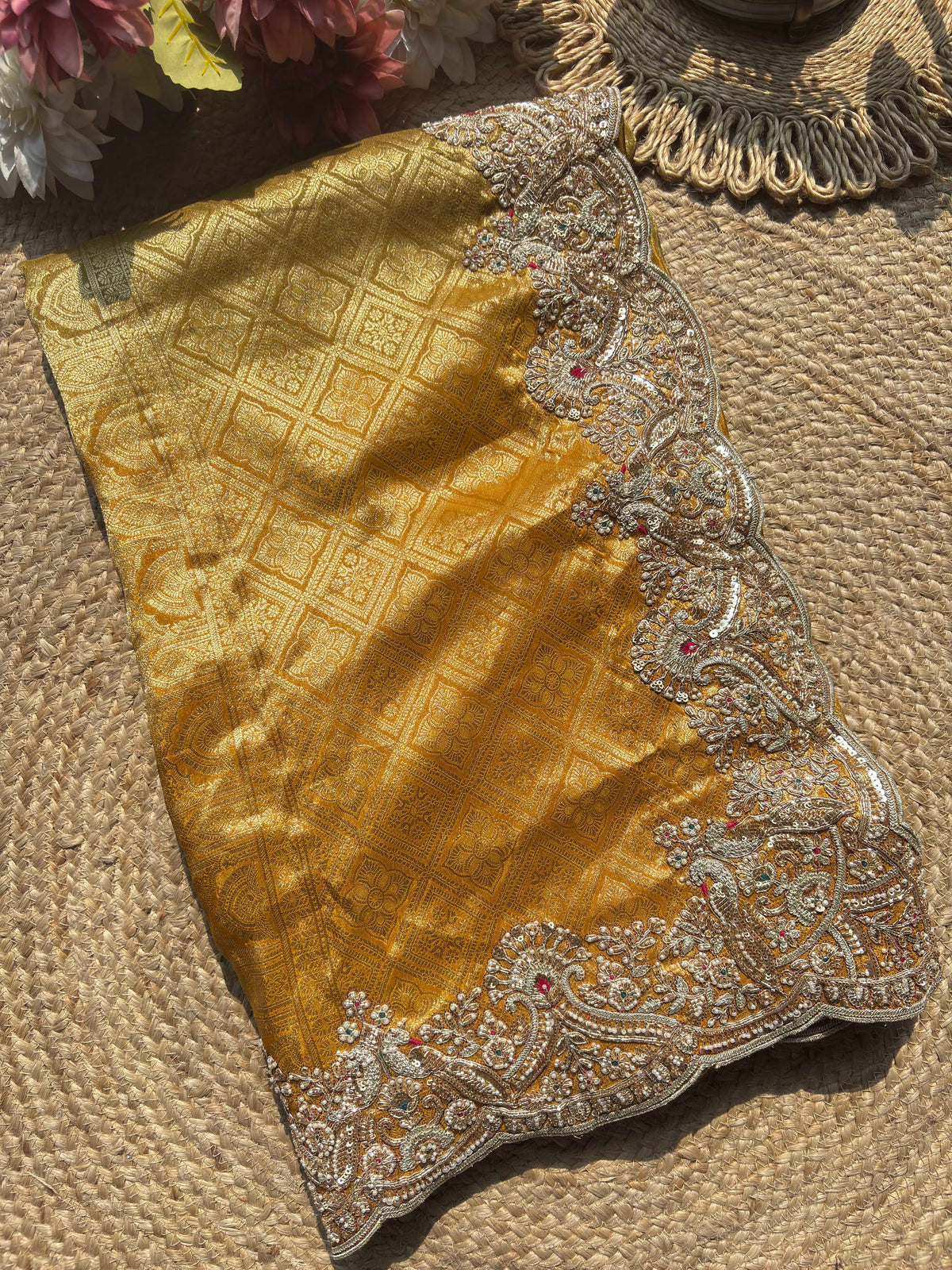 Mustard Golden Banarasi Silk Saree with Heavy Embroidered Border for Weddings